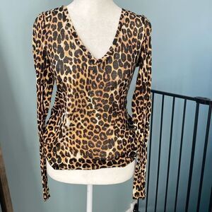 Express Long Sleeve V Neck Leopard Print Sheer Shirt Size Medium